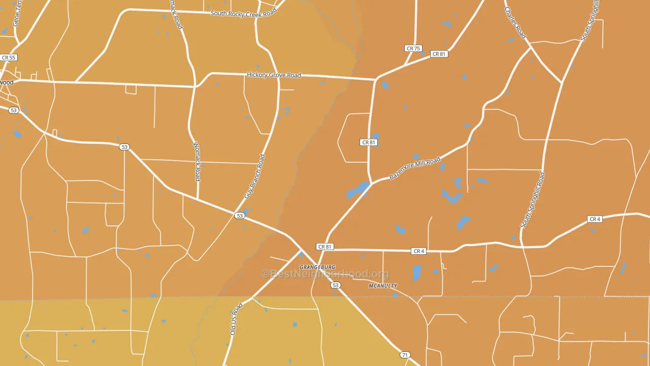 Map of the best neighborhoods in the Grangeburg area, with better matches in green and worse matches in red