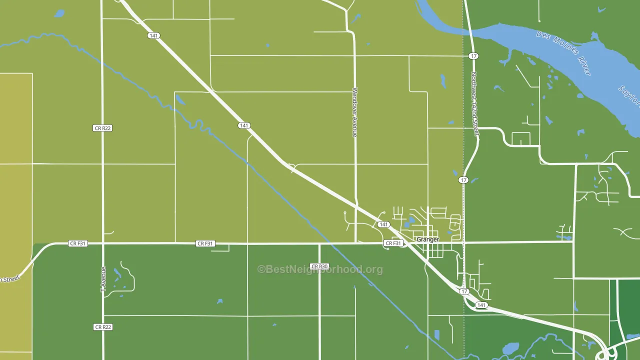 Map of the best neighborhoods in the Granger Homesteads area, with better matches in green and worse matches in red