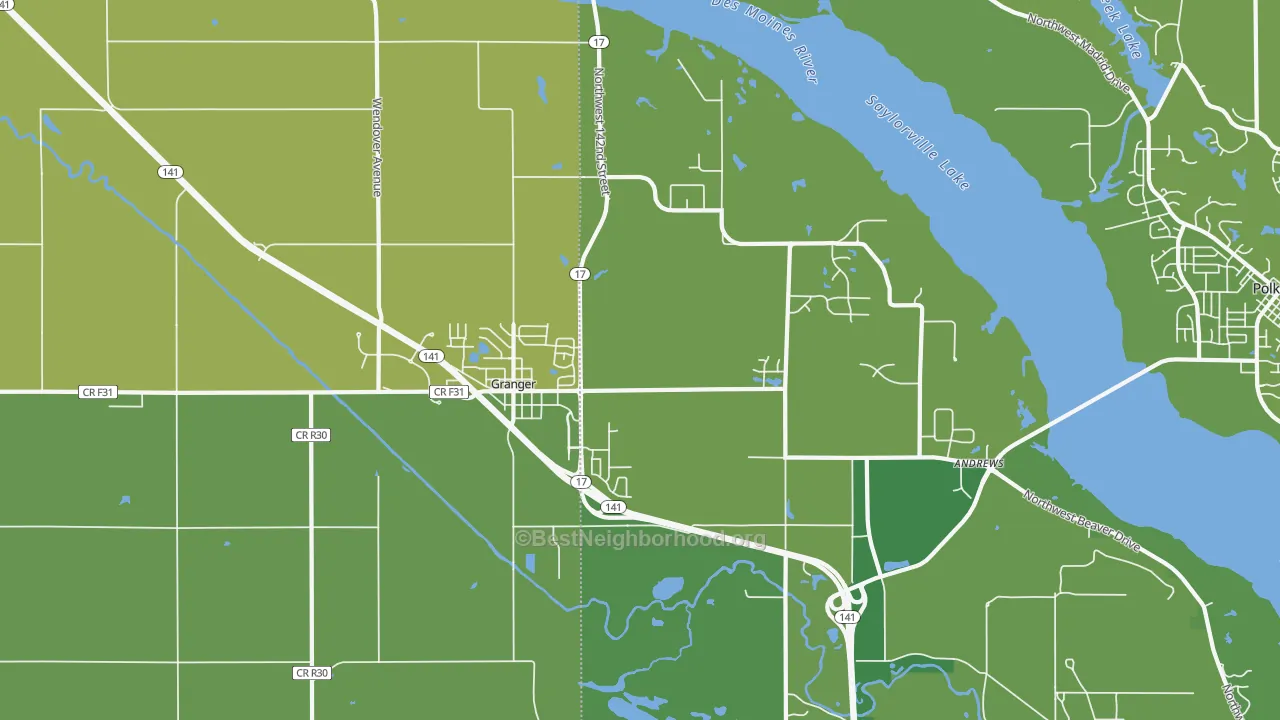 Map of the best neighborhoods in the Granger area, with better matches in green and worse matches in red