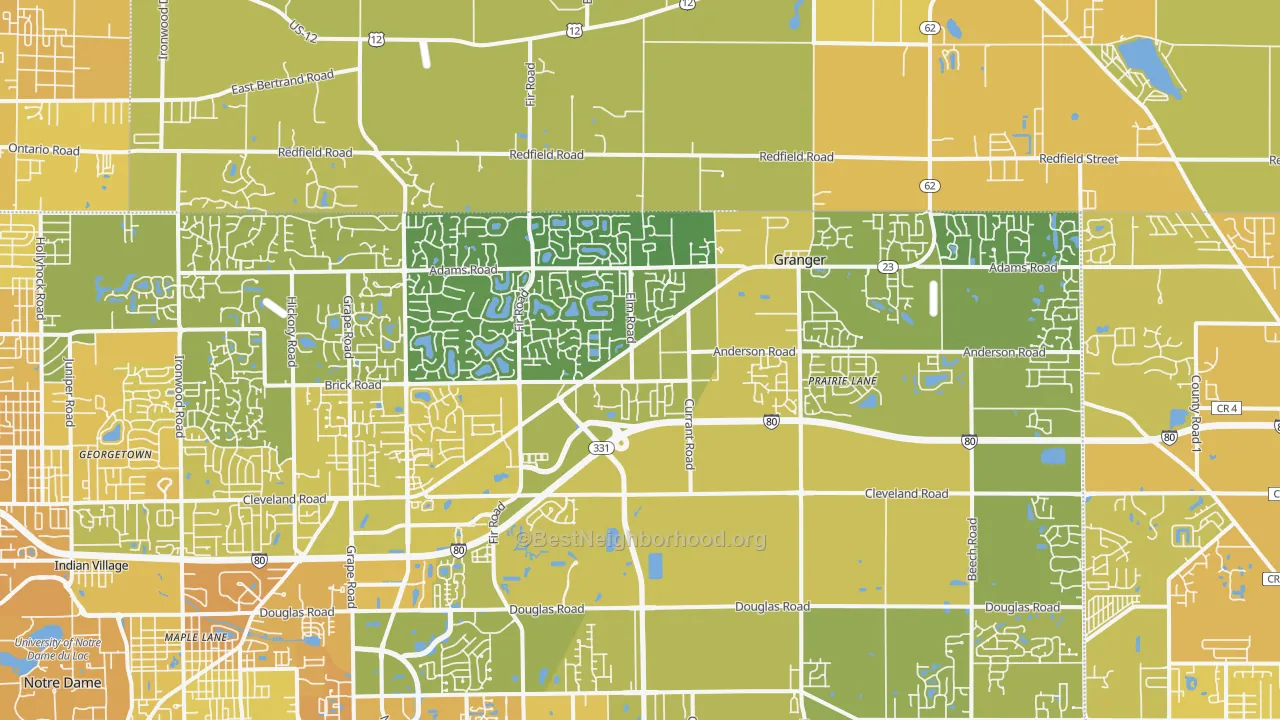 Map of the best neighborhoods in the Granger area, with better matches in green and worse matches in red