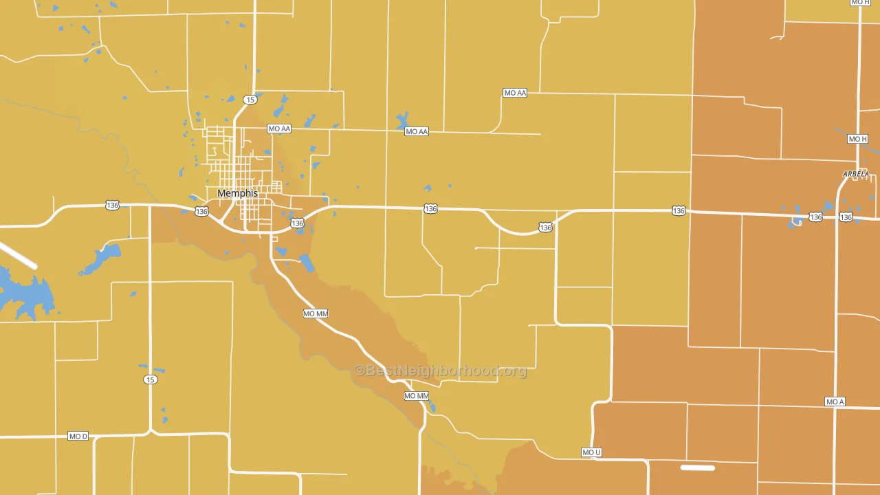 Map of the best neighborhoods in the Granger area, with better matches in green and worse matches in red