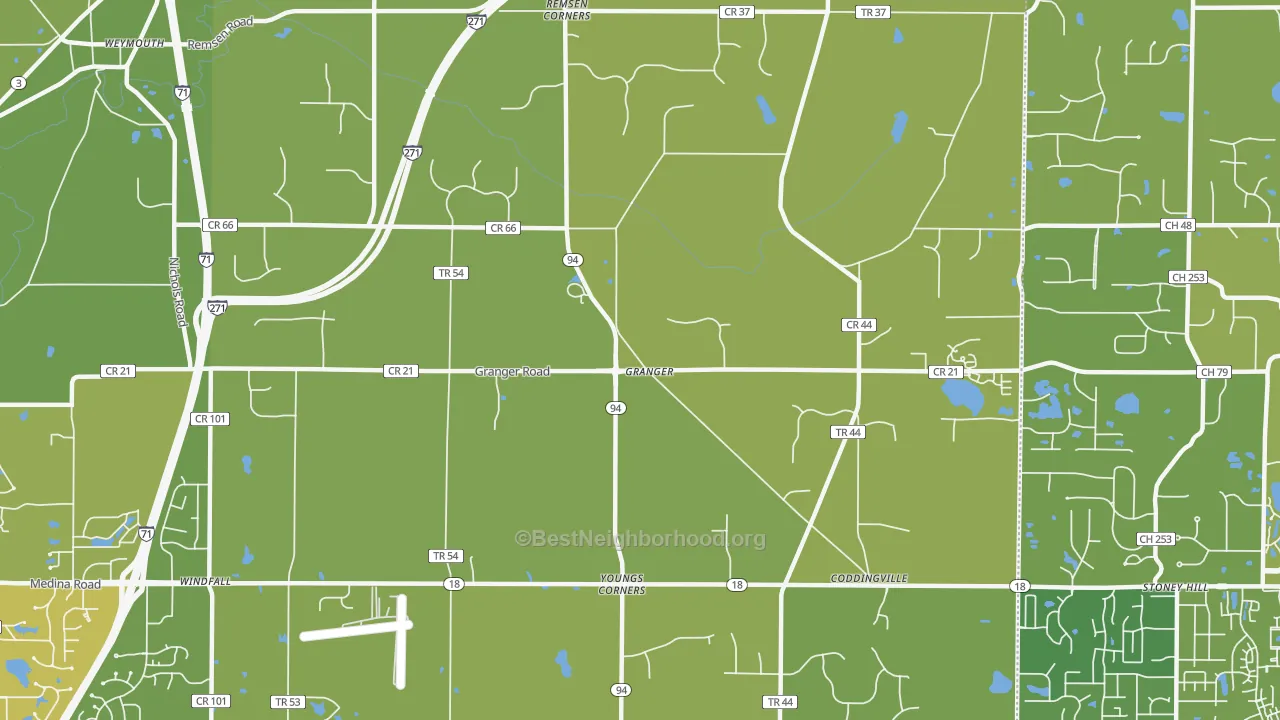 Map of the best neighborhoods in the Granger area, with better matches in green and worse matches in red