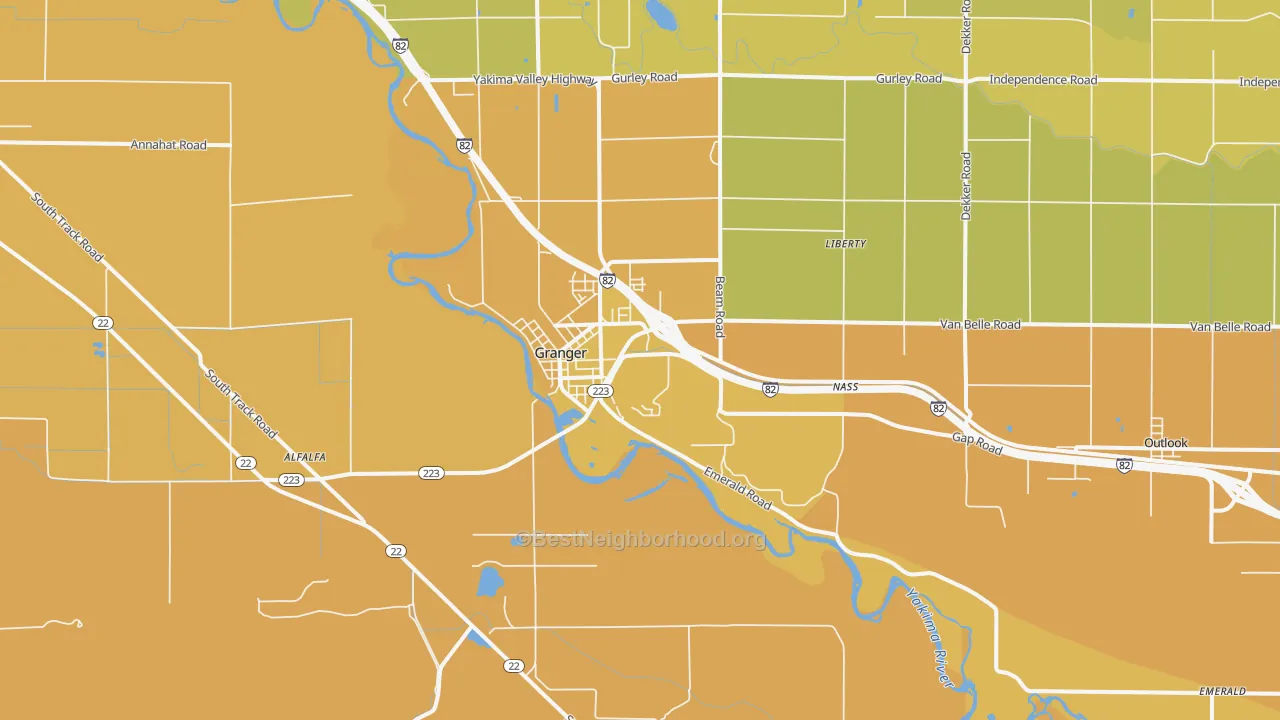 Map of the best neighborhoods in the Granger area, with better matches in green and worse matches in red