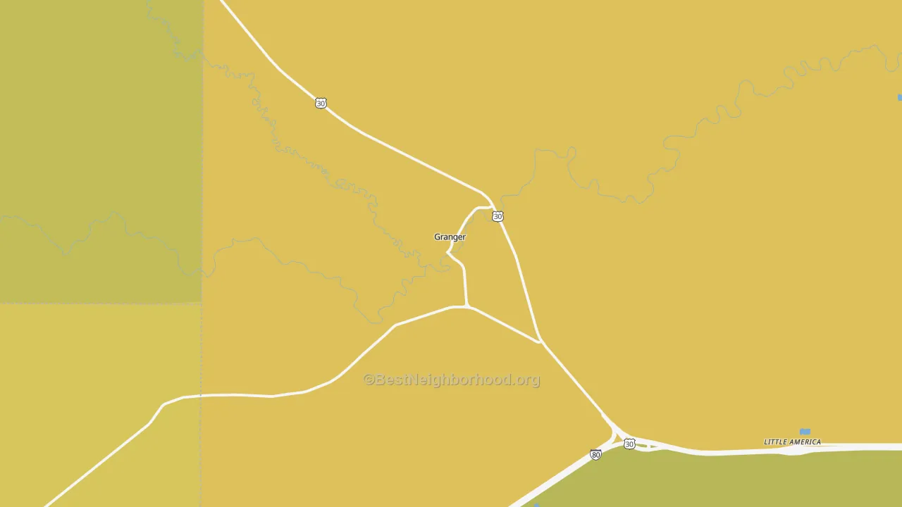 Map of the best neighborhoods in the Granger area, with better matches in green and worse matches in red