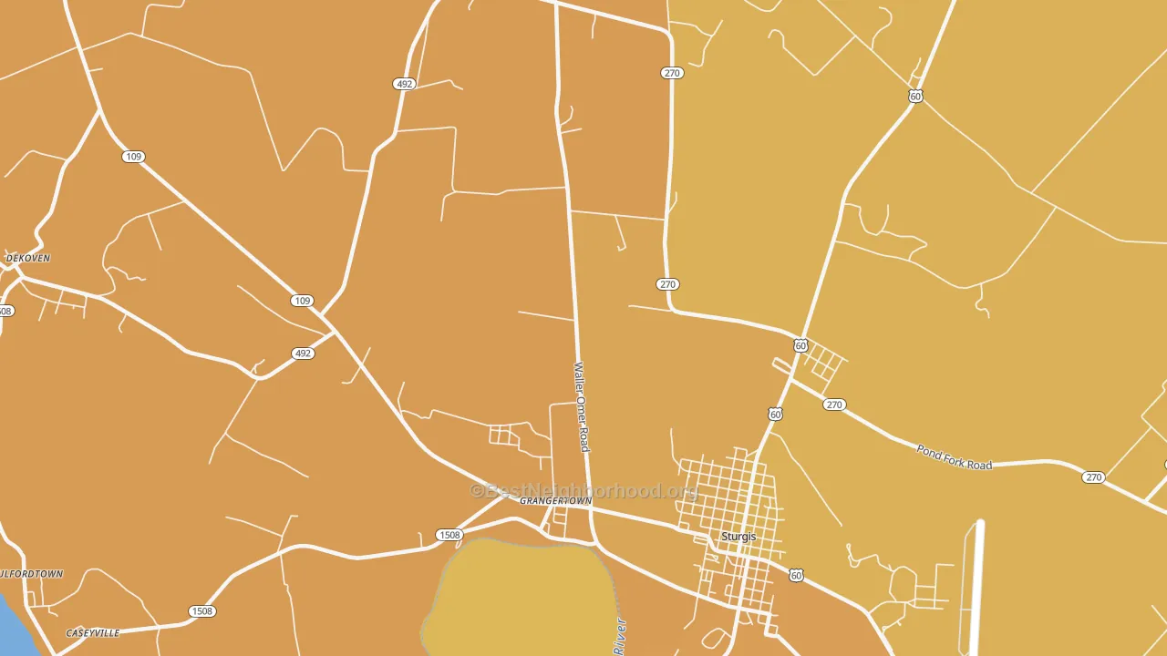 Map of the best neighborhoods in the Grangertown area, with better matches in green and worse matches in red