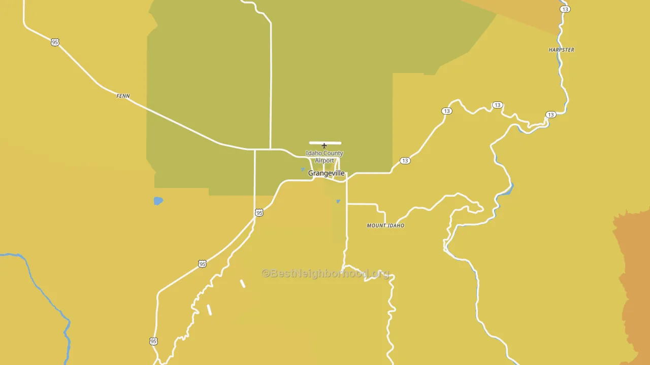 Map of the best neighborhoods in the Grangeville area, with better matches in green and worse matches in red