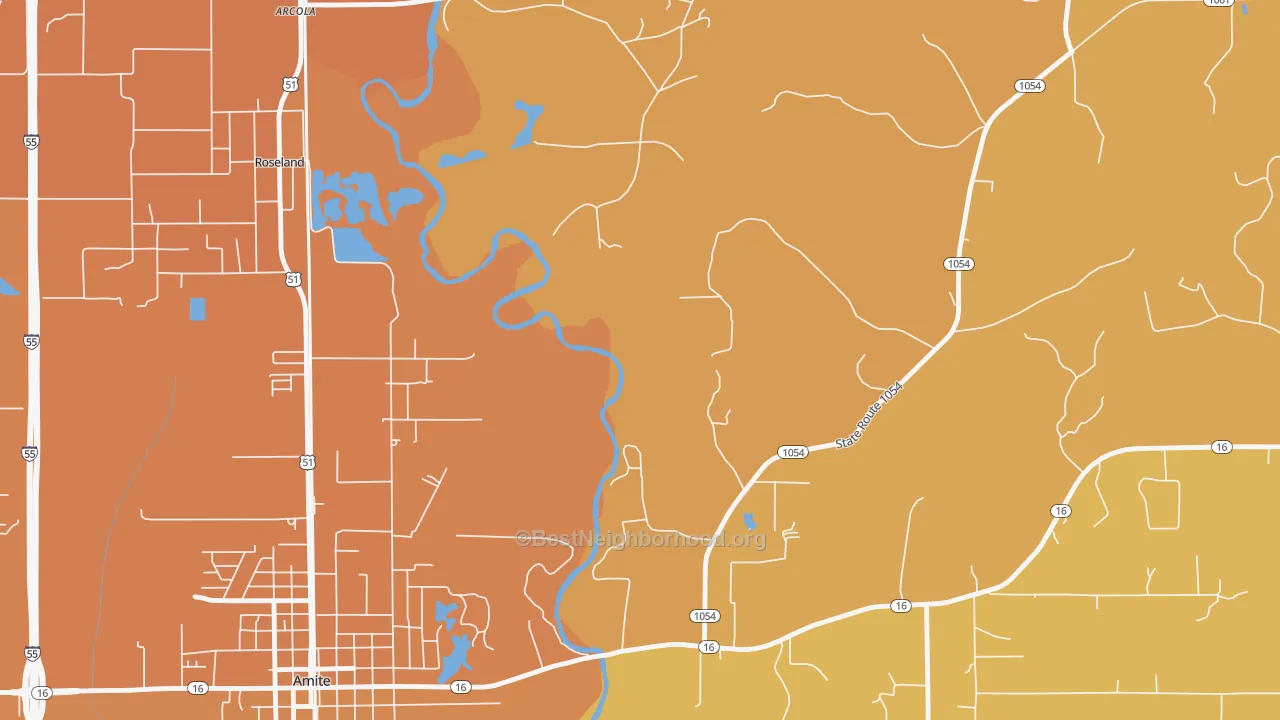 Map of the best neighborhoods in the Grangeville area, with better matches in green and worse matches in red