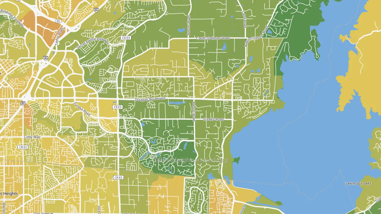 Map of the best neighborhoods in the Granite Bay area, with better matches in green and worse matches in red