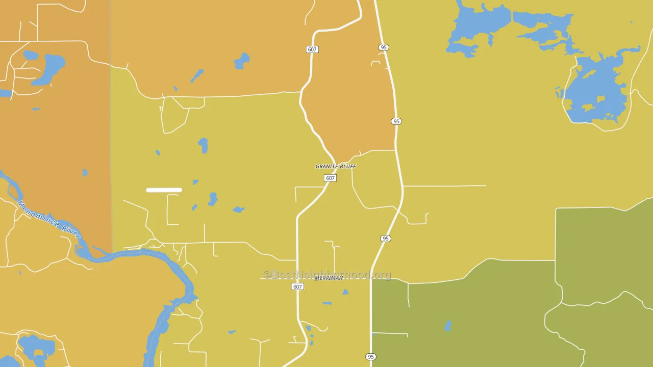 Map of the best neighborhoods in the Granite Bluff area, with better matches in green and worse matches in red