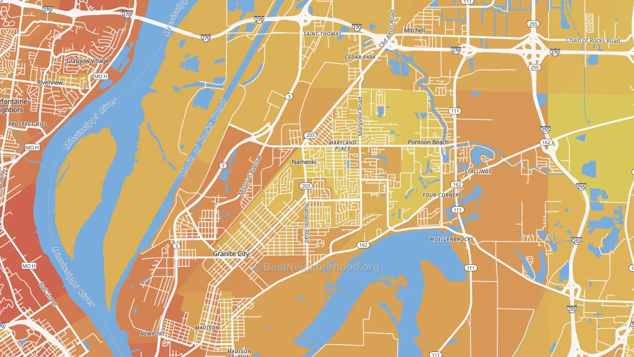 Map of the best neighborhoods in the Granite City area, with better matches in green and worse matches in red