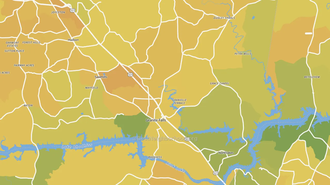 Map of the best neighborhoods in the Granite Falls area, with better matches in green and worse matches in red