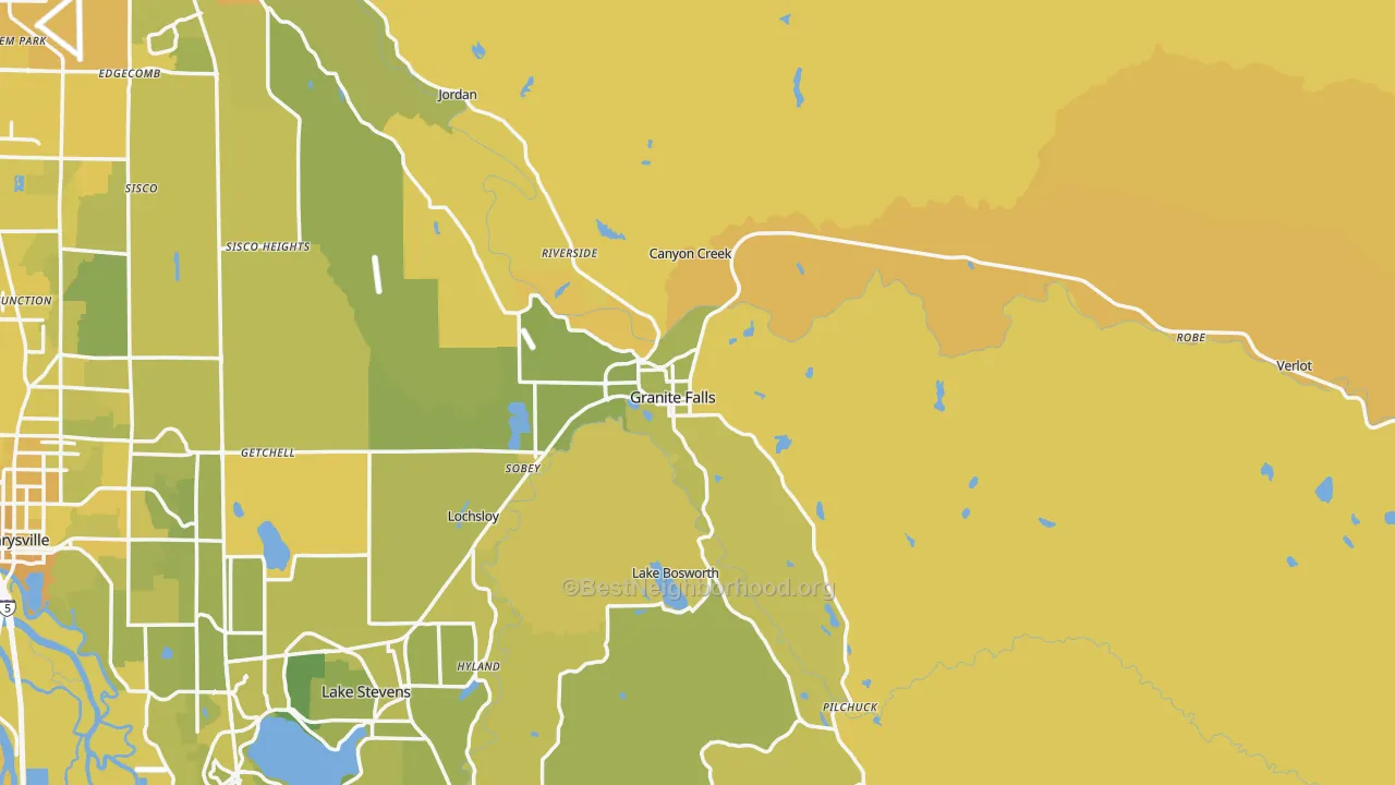 Map of the best neighborhoods in the Granite Falls area, with better matches in green and worse matches in red