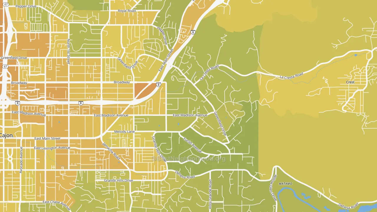 Map of the best neighborhoods in the Granite Hills, El Cajon area, with better matches in green and worse matches in red