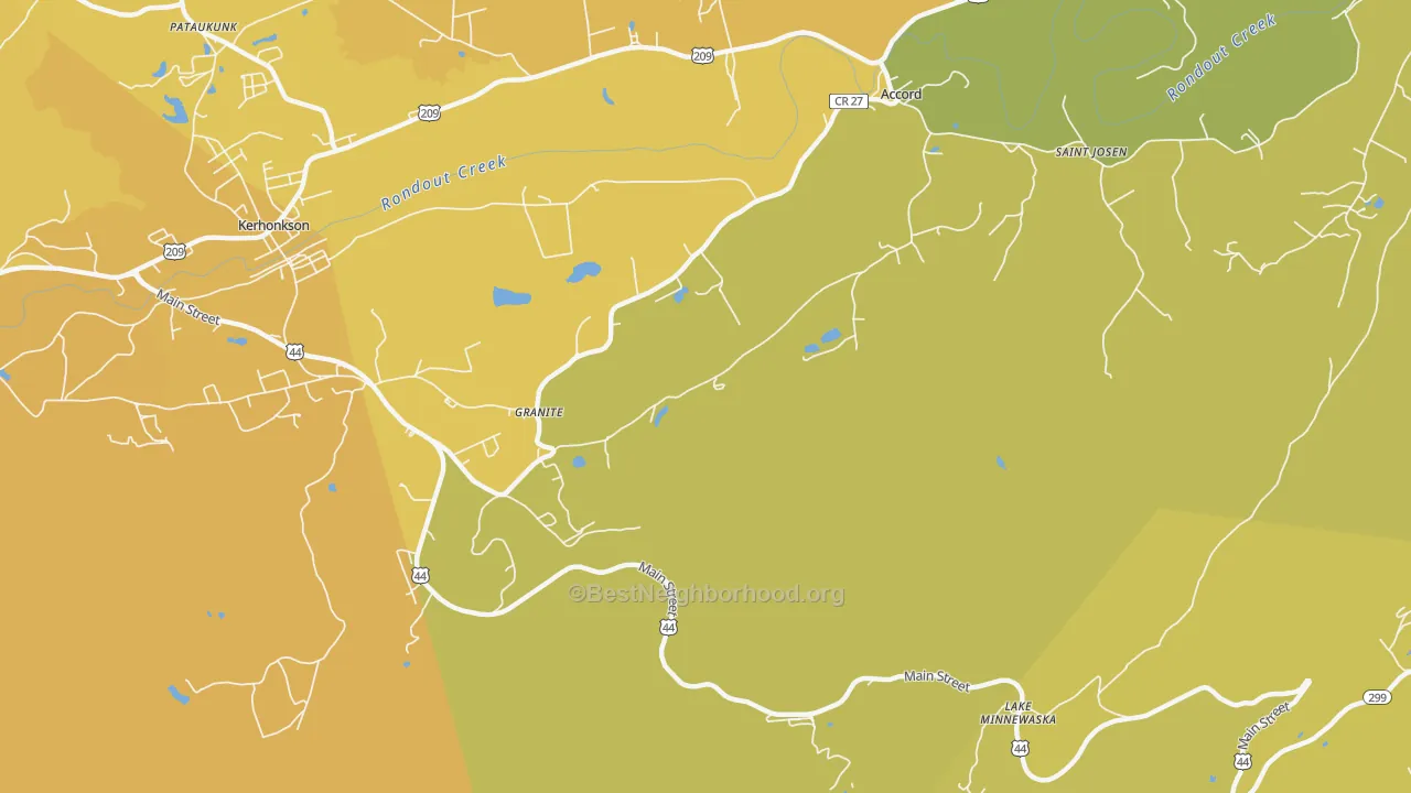 Map of the best neighborhoods in the Granite area, with better matches in green and worse matches in red