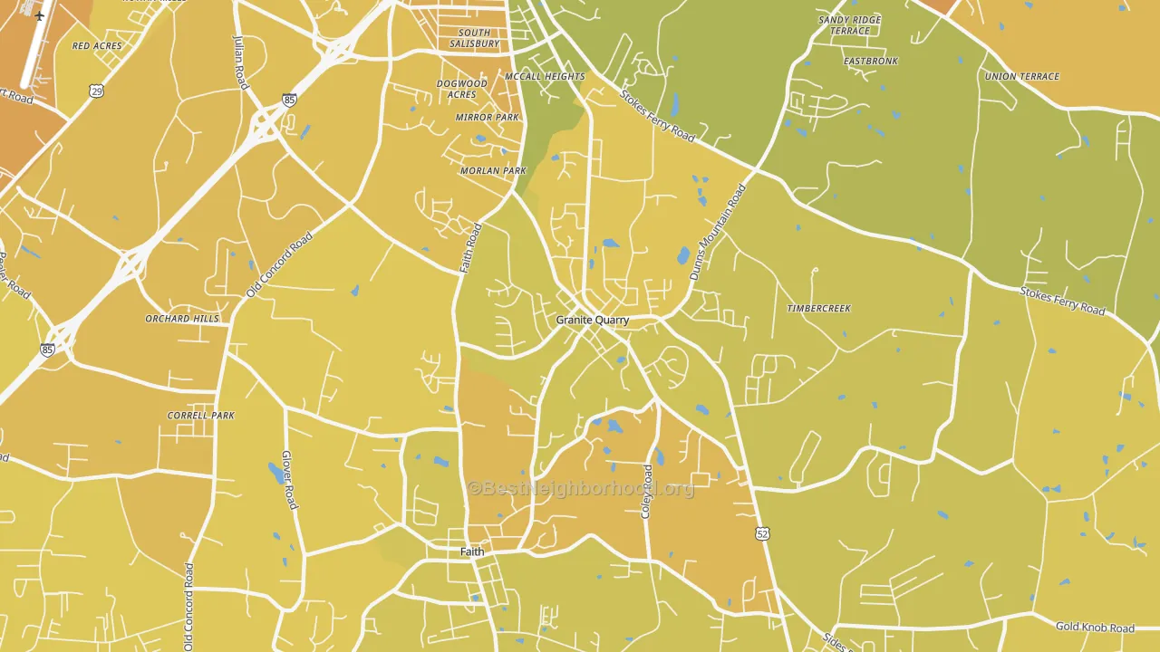 Map of the best neighborhoods in the Granite Quarry area, with better matches in green and worse matches in red