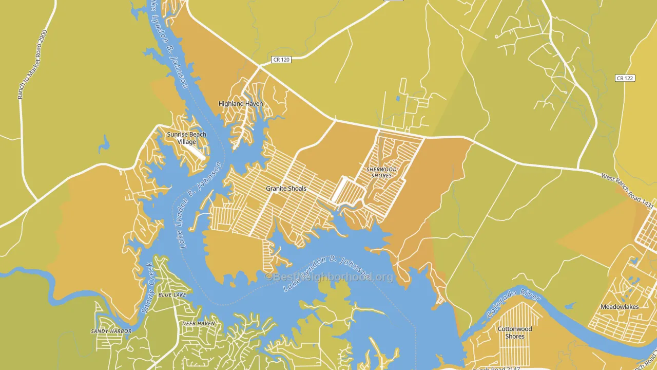 Map of the best neighborhoods in the Granite Shoals area, with better matches in green and worse matches in red