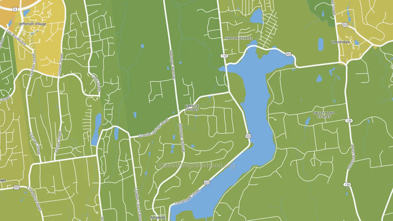 Map of the best neighborhoods in the Granite Springs area, with better matches in green and worse matches in red