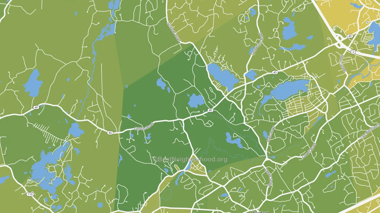 Map of the best neighborhoods in the Graniteville area, with better matches in green and worse matches in red