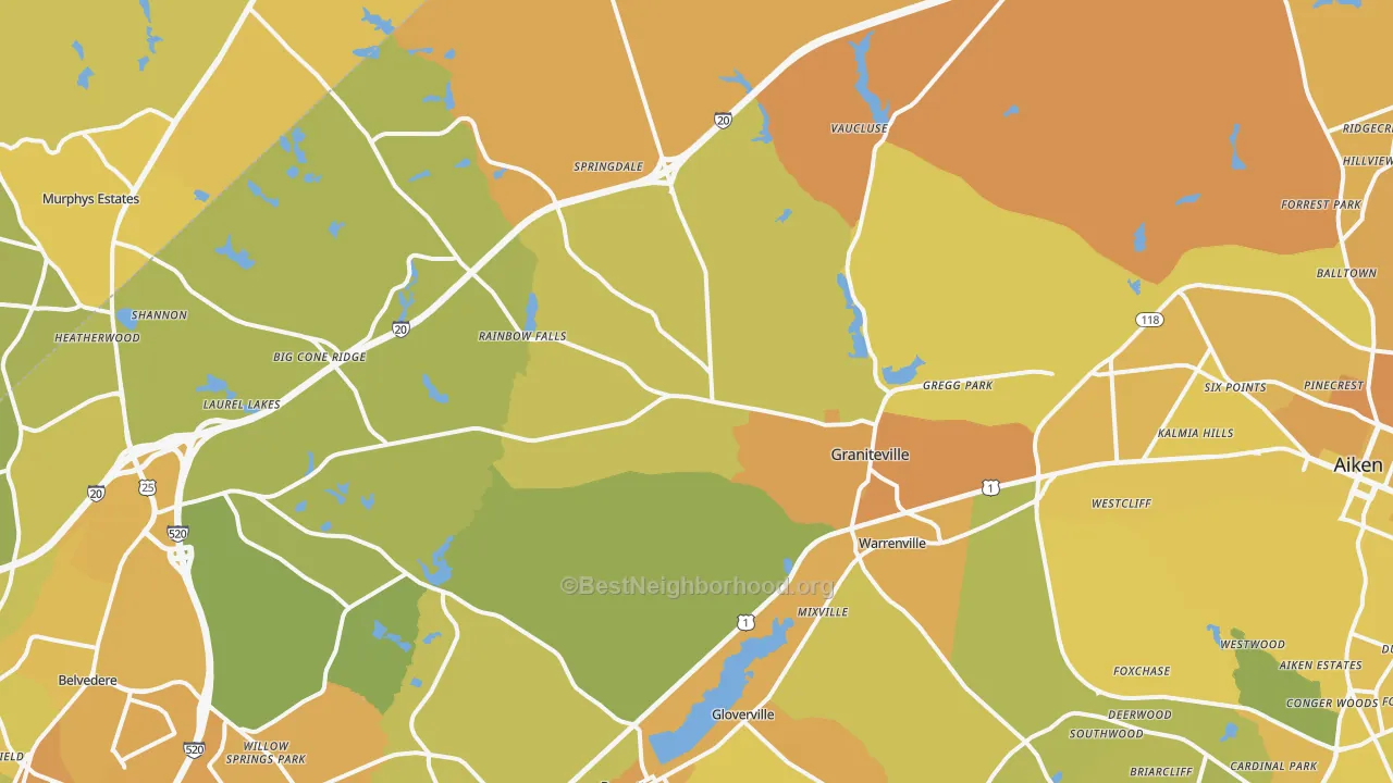 Map of the best neighborhoods in the Graniteville area, with better matches in green and worse matches in red