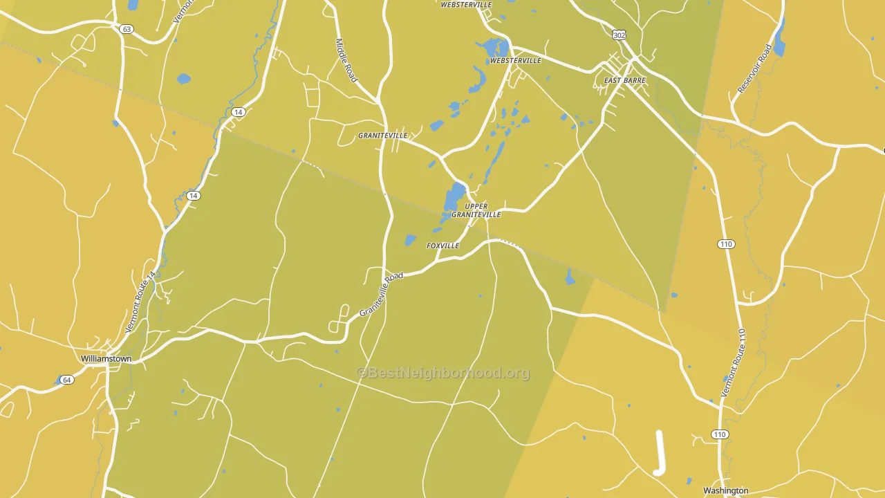 Map of the best neighborhoods in the Graniteville area, with better matches in green and worse matches in red