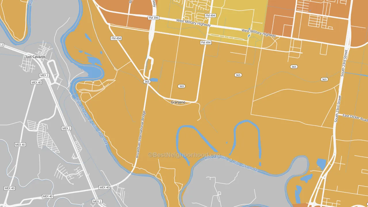 Map of the best neighborhoods in the Granjeno area, with better matches in green and worse matches in red