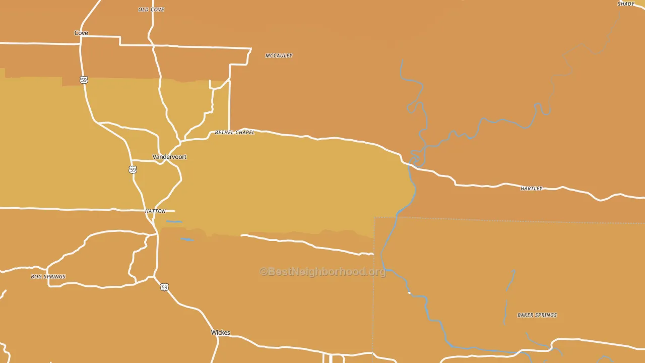 Map of the best neighborhoods in the Grannis area, with better matches in green and worse matches in red