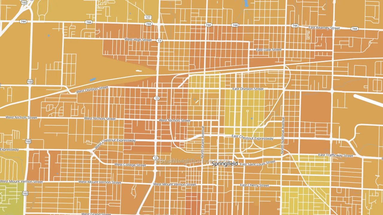 Map of the best neighborhoods in the Grant Beach, Springfield area, with better matches in green and worse matches in red