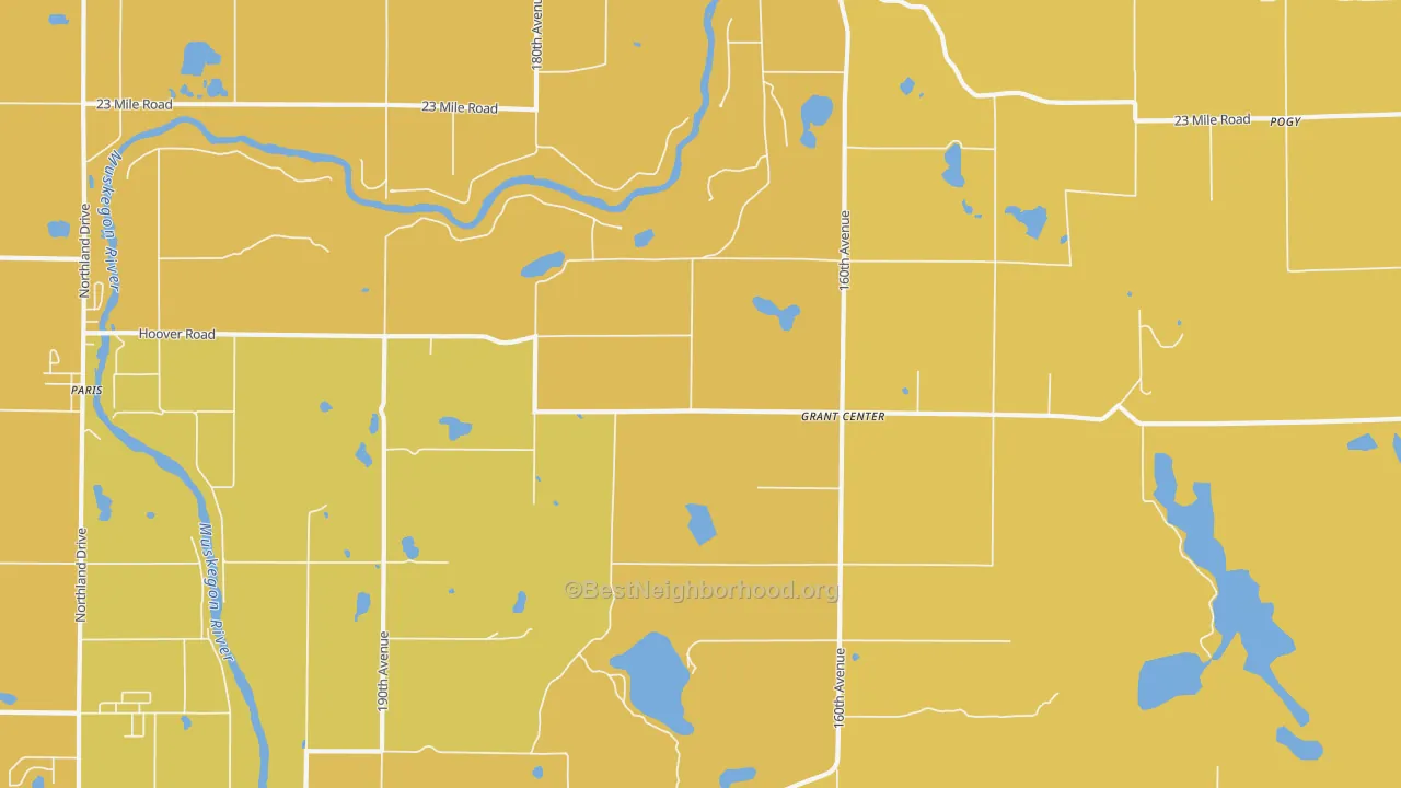 Map of the best neighborhoods in the Grant Center area, with better matches in green and worse matches in red