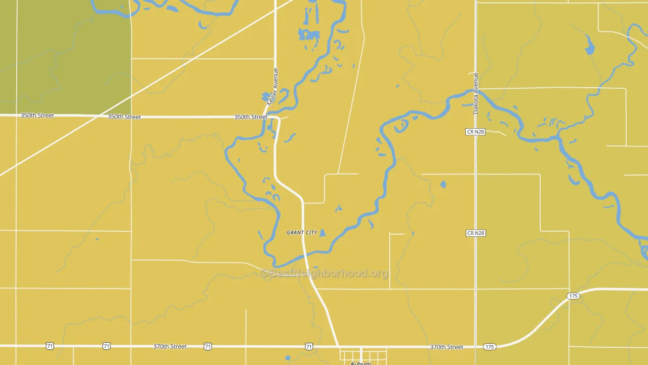 Map of the best neighborhoods in the Grant City area, with better matches in green and worse matches in red