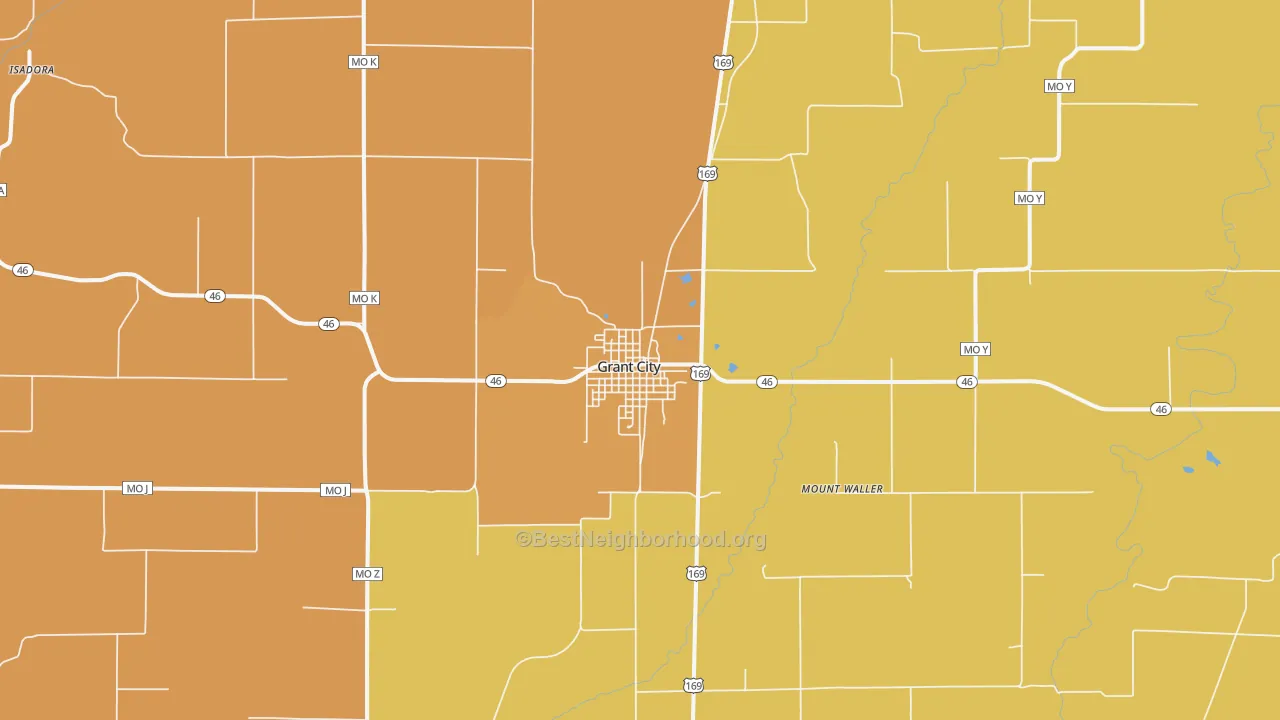 Map of the best neighborhoods in the Grant City area, with better matches in green and worse matches in red