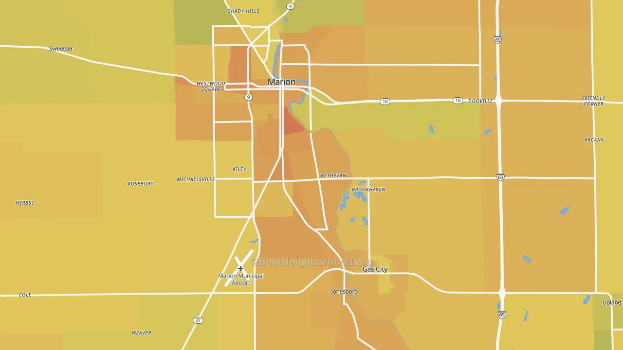 Map of the best neighborhoods in the Grant County area, with better matches in green and worse matches in red
