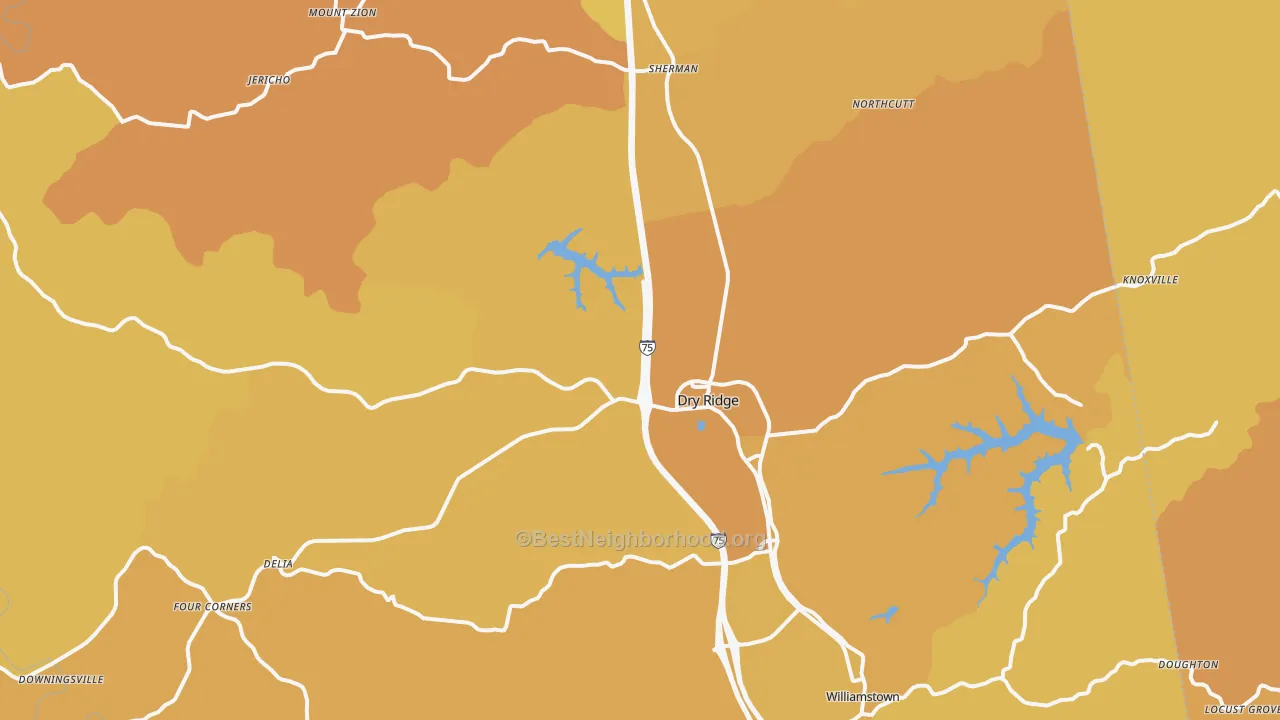 Map of the best neighborhoods in the Grant County area, with better matches in green and worse matches in red
