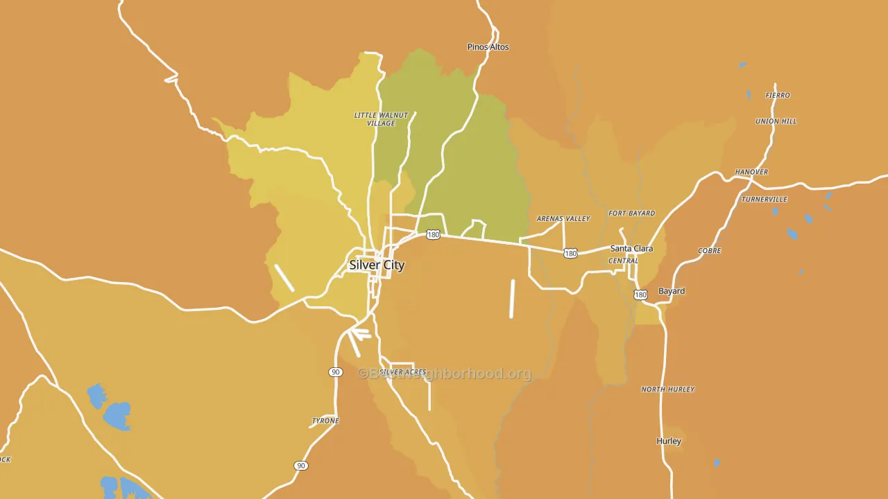 Map of the best neighborhoods in the Grant County area, with better matches in green and worse matches in red