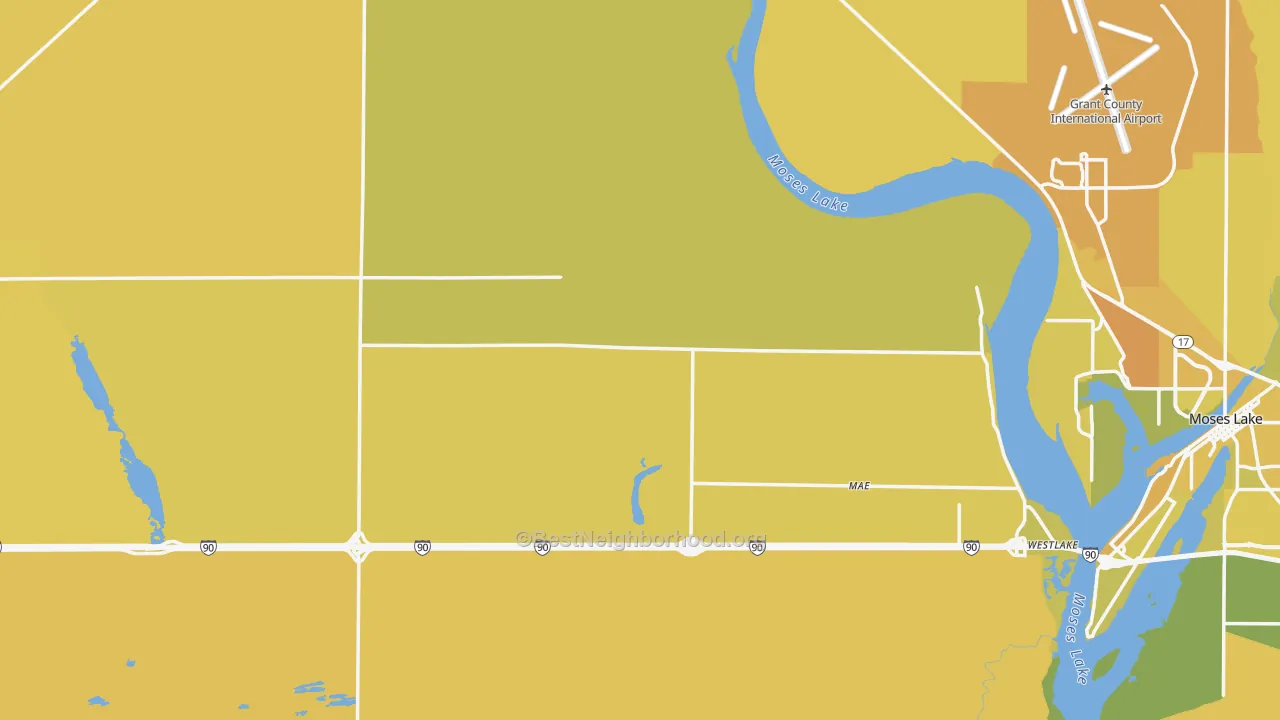 Map of the best neighborhoods in the Grant County area, with better matches in green and worse matches in red