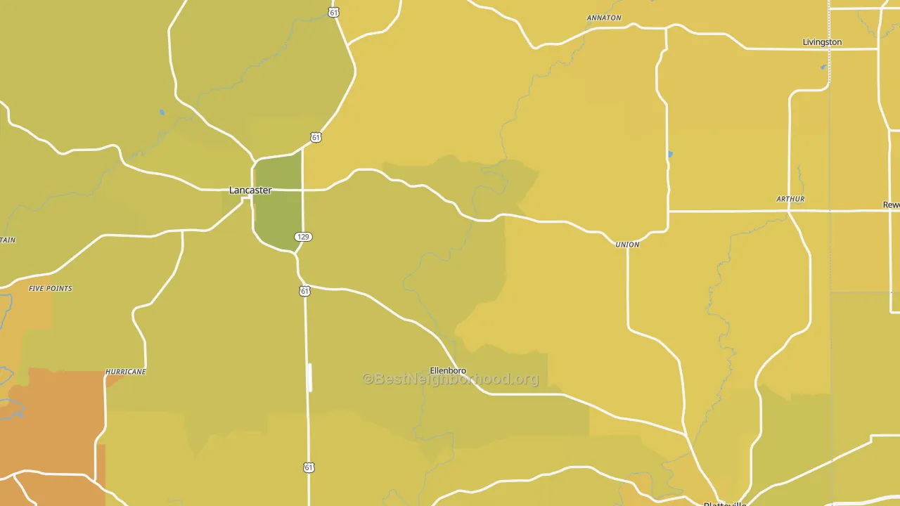 Map of the best neighborhoods in the Grant County area, with better matches in green and worse matches in red