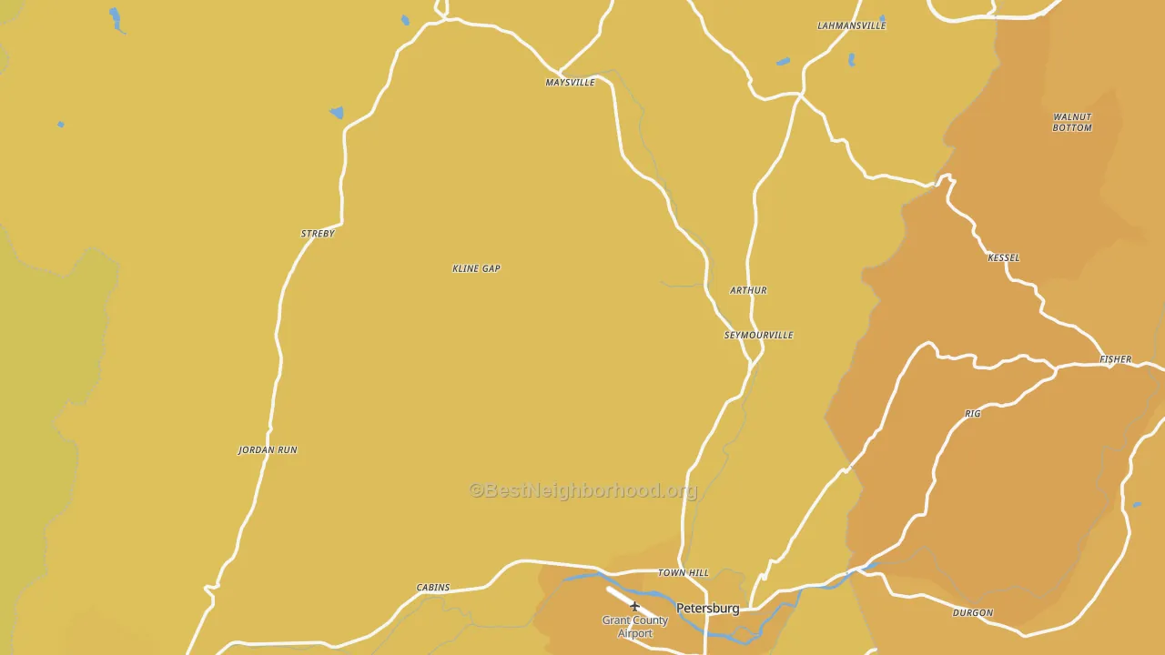 Map of the best neighborhoods in the Grant County area, with better matches in green and worse matches in red