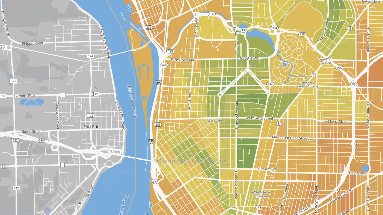 Map of the best neighborhoods in the Grant Ferry, Buffalo area, with better matches in green and worse matches in red