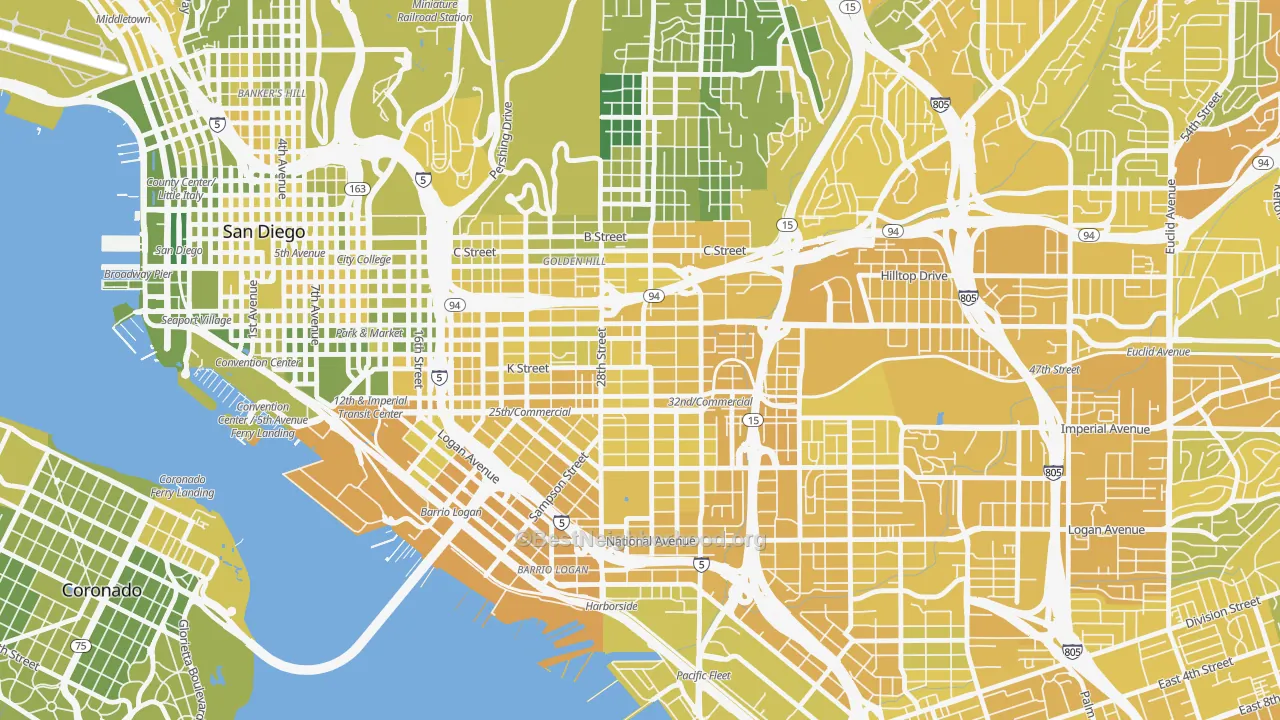 Map of the best neighborhoods in the Grant Hill, San Diego area, with better matches in green and worse matches in red