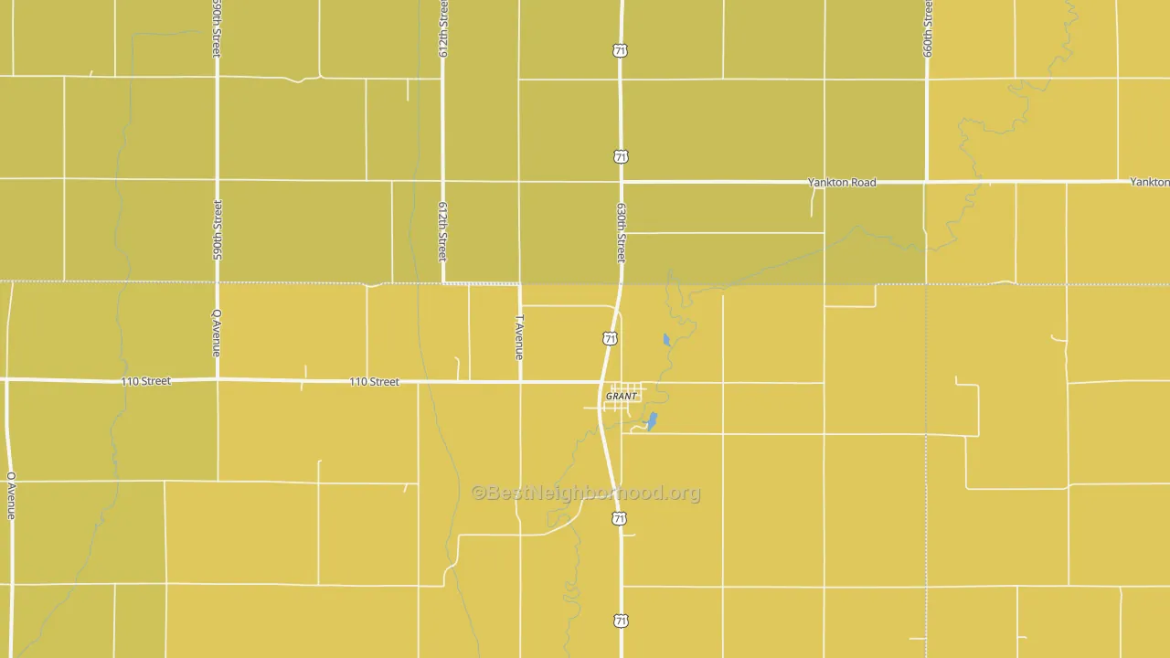 Map of the best neighborhoods in the Grant area, with better matches in green and worse matches in red