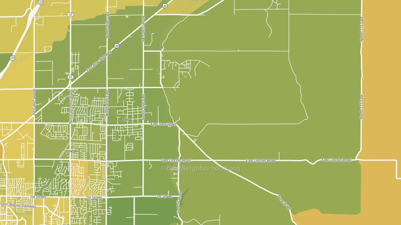 Map of the best neighborhoods in the Grant area, with better matches in green and worse matches in red