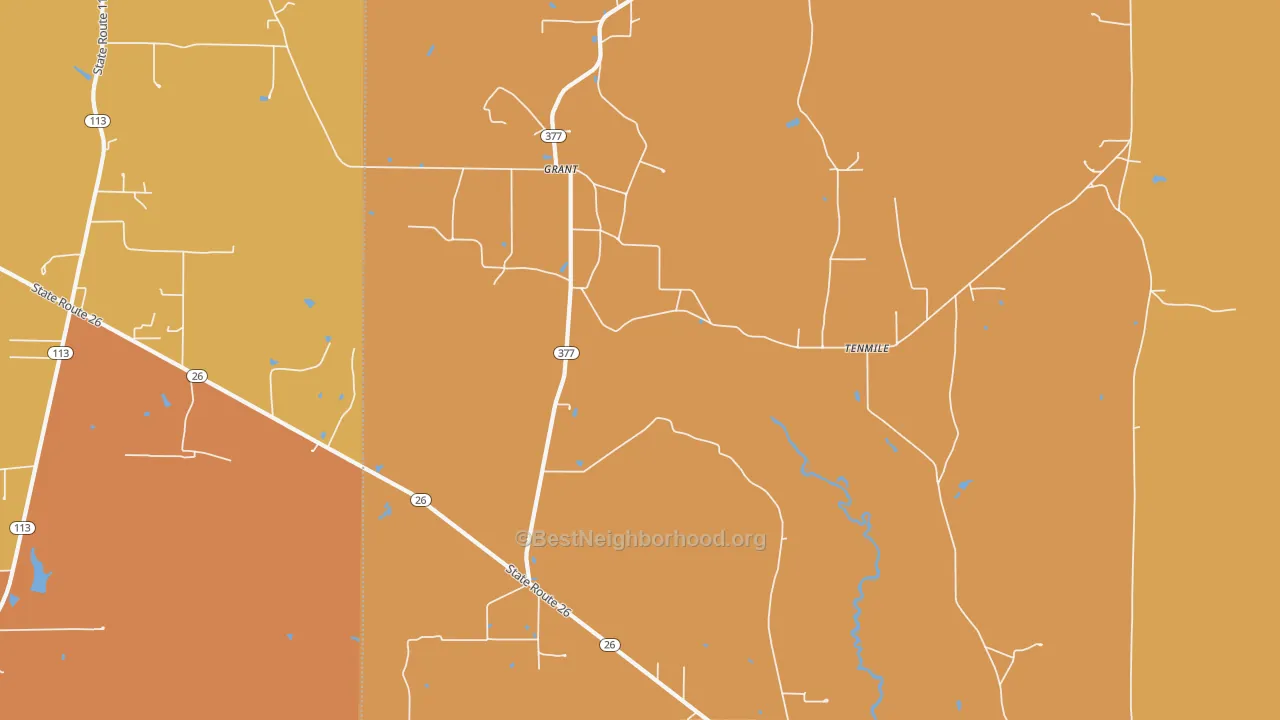 Map of the best neighborhoods in the Grant area, with better matches in green and worse matches in red