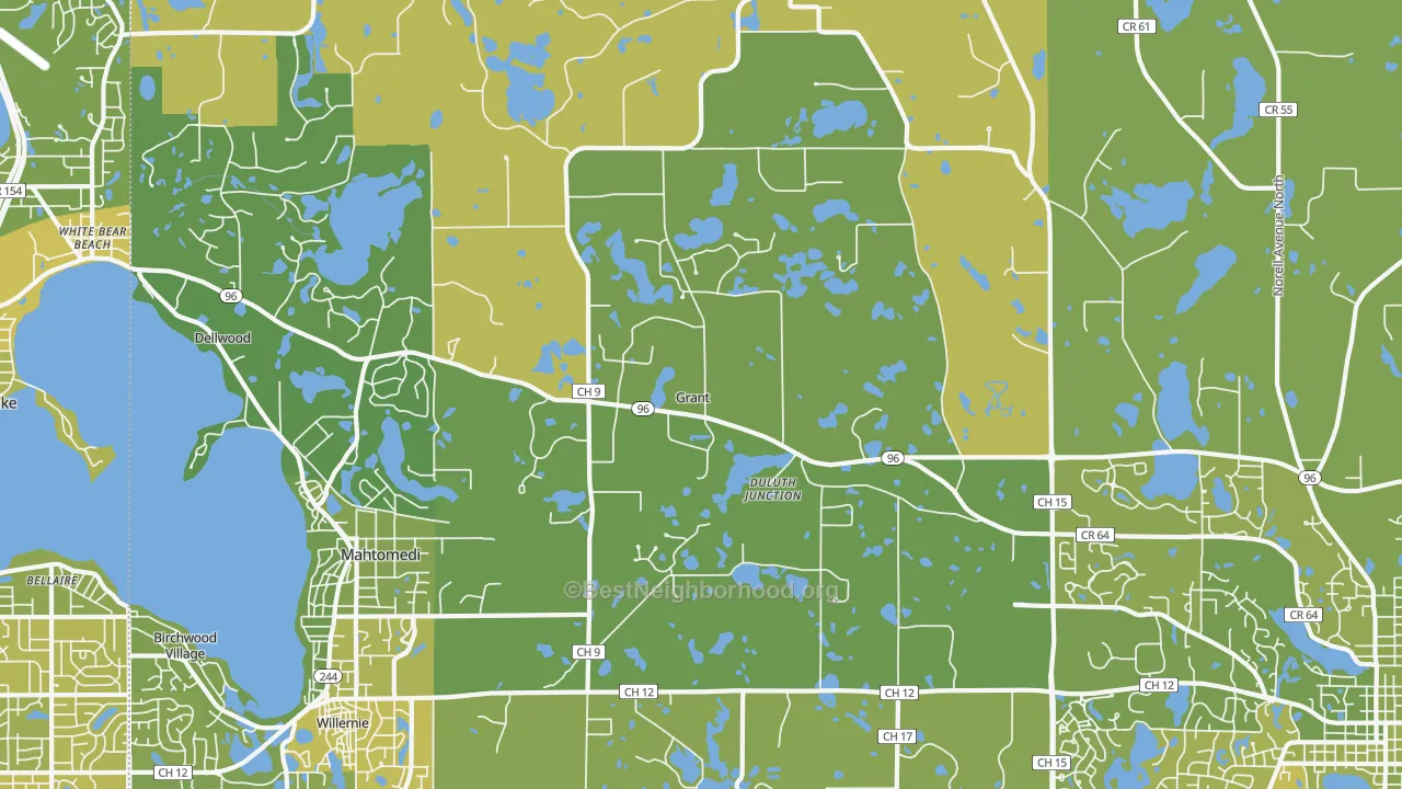 Map of the best neighborhoods in the Grant area, with better matches in green and worse matches in red