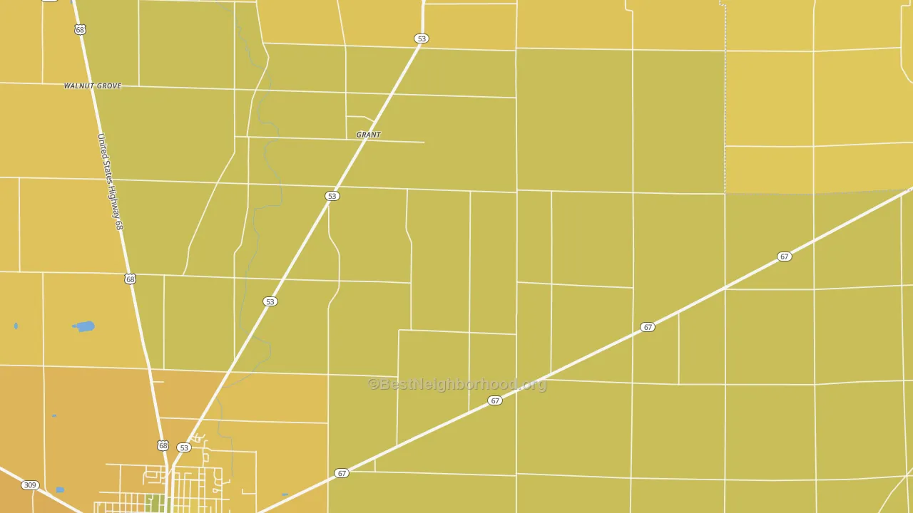 Map of the best neighborhoods in the Grant area, with better matches in green and worse matches in red