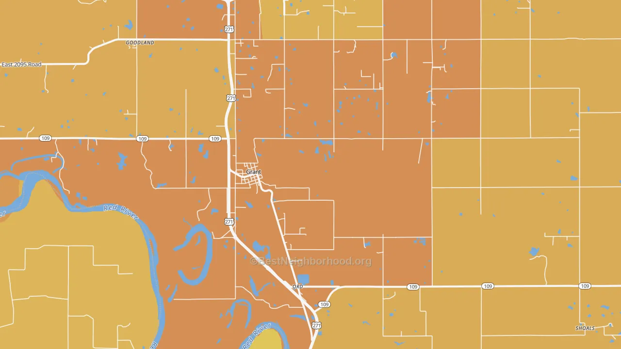 Map of the best neighborhoods in the Grant area, with better matches in green and worse matches in red