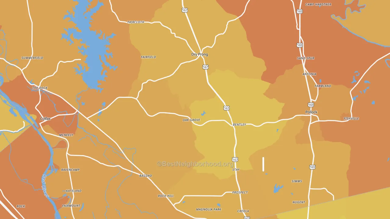 Map of the best neighborhoods in the Grant Parish area, with better matches in green and worse matches in red