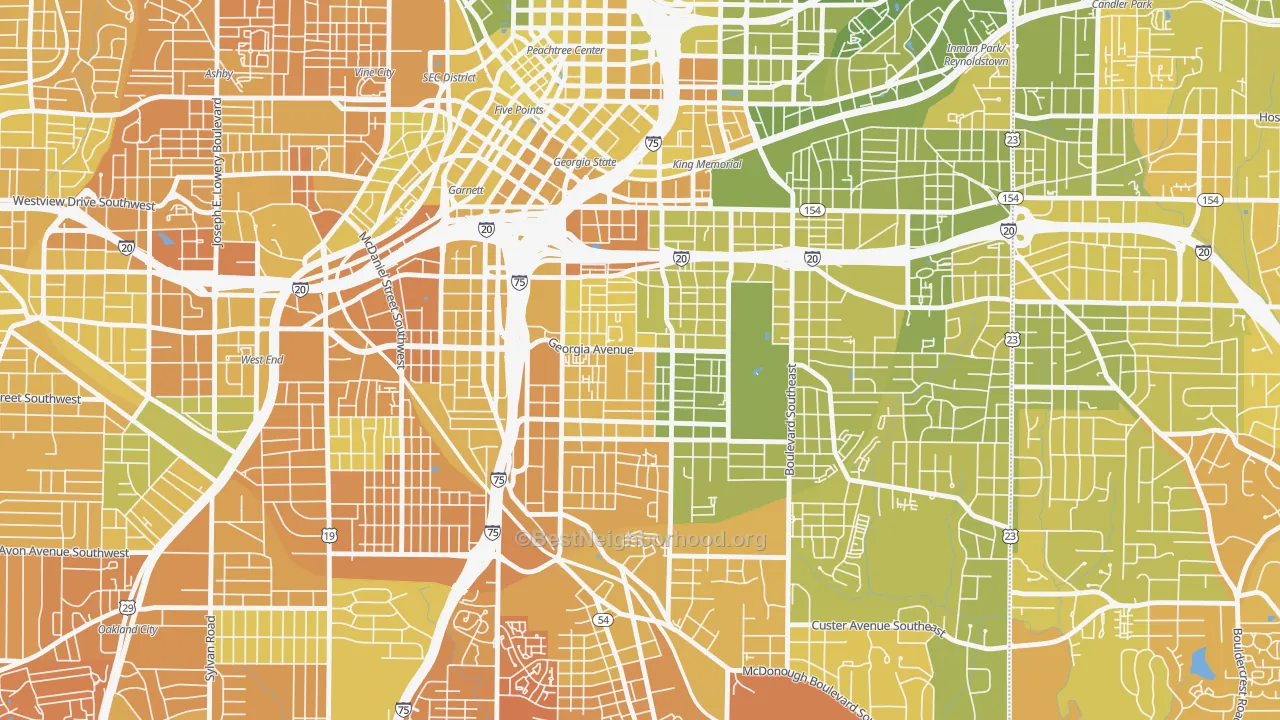Map of the best neighborhoods in the Grant Park, Atlanta area, with better matches in green and worse matches in red