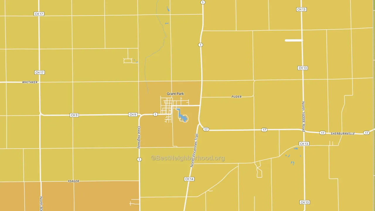 Map of the best neighborhoods in the Grant Park area, with better matches in green and worse matches in red