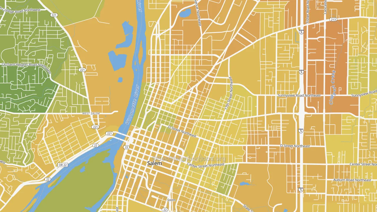 Map of the best neighborhoods in the Grant, Salem area, with better matches in green and worse matches in red