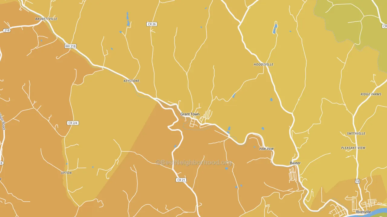 Map of the best neighborhoods in the Grant Town area, with better matches in green and worse matches in red