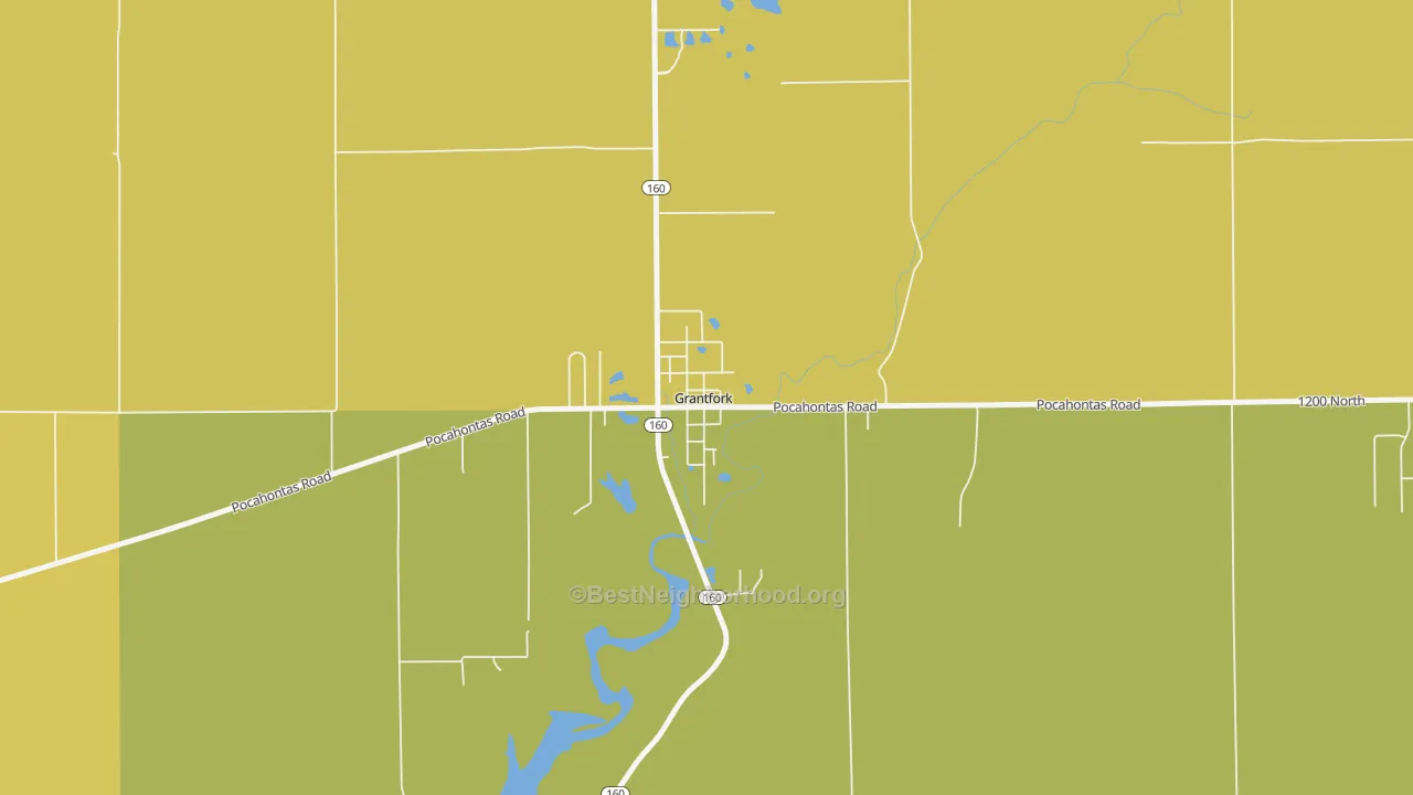 Map of the best neighborhoods in the Grantfork area, with better matches in green and worse matches in red